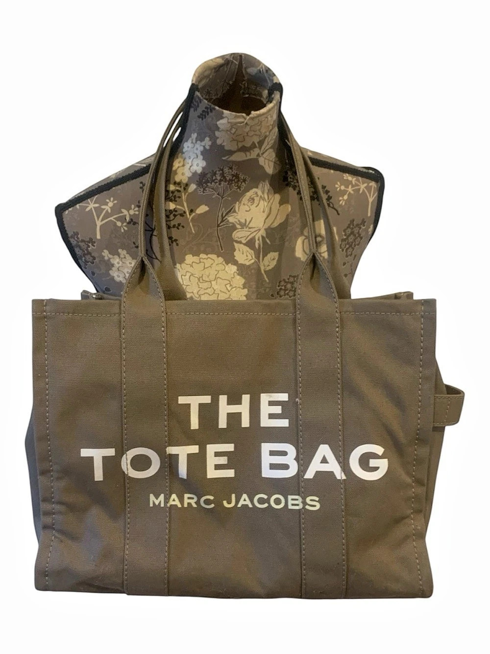 MARC JACOBS The Canvas Medium Tote Bag Tan with white lettering